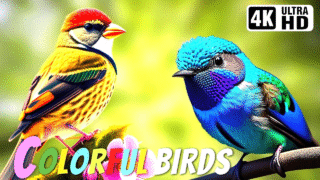 A variety of colorful birds perched on branches