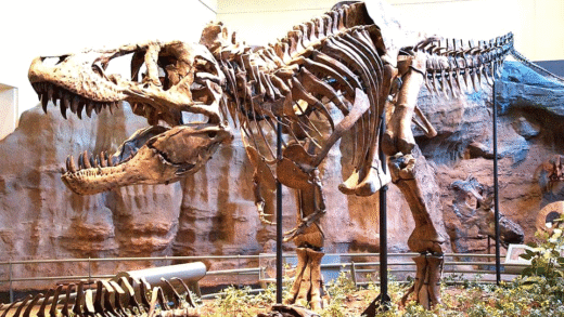 An illustration of Tyrannosaurus rex in its natural habitat